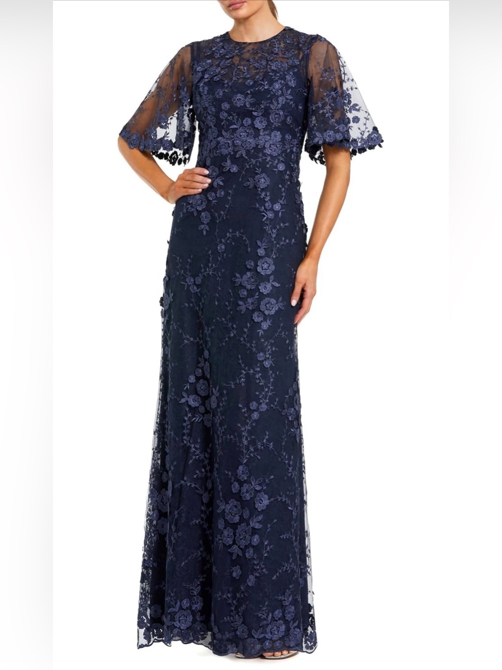Mac Duggal Navy Floral Lace Maxi Dress